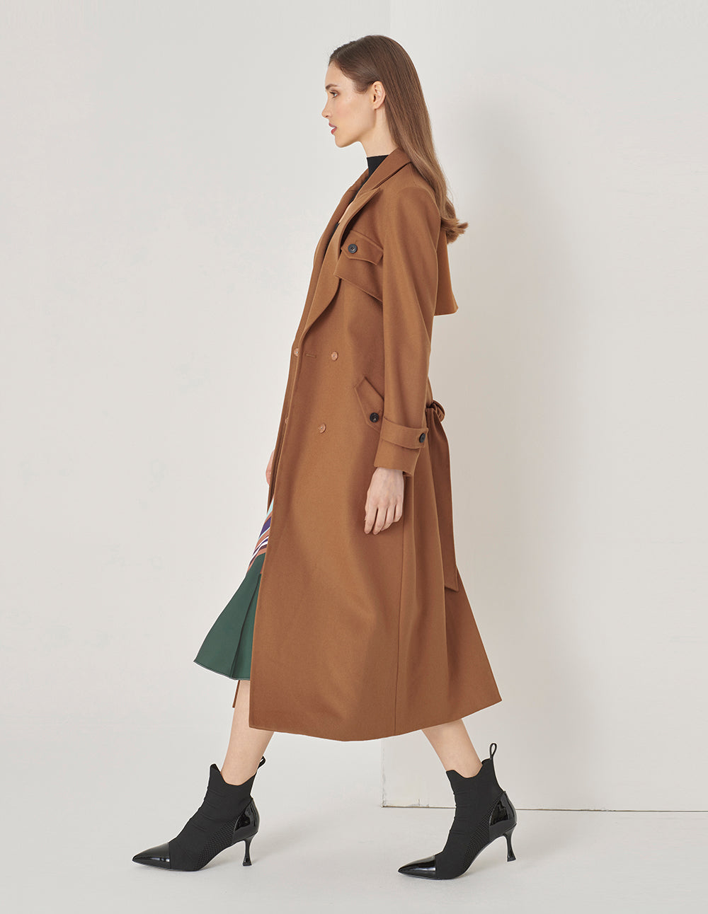 MARYLING Caramel Suit Collar Trench Coat Long Coat