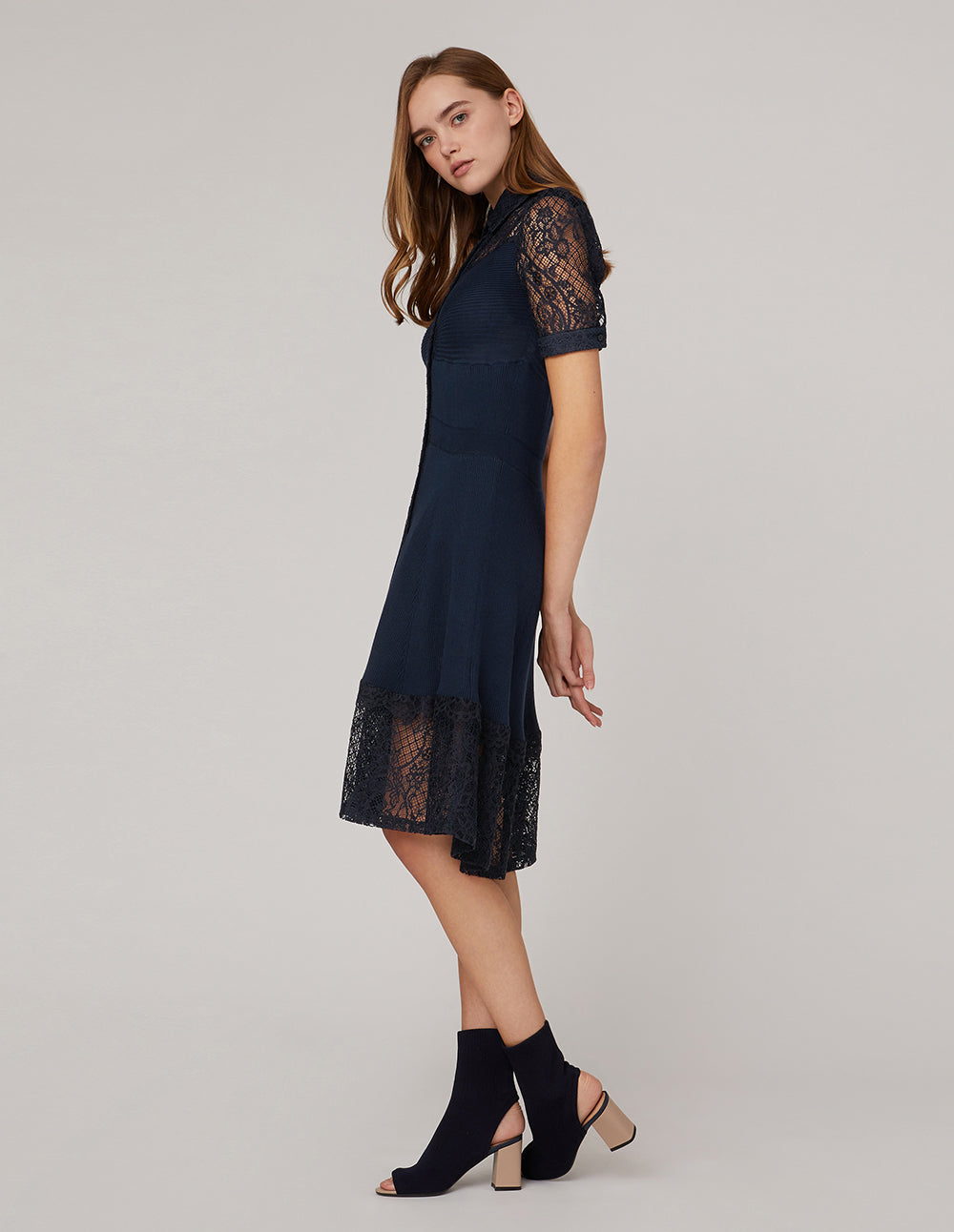 MARYLING Lace shirt-collar stitching woolen dress
