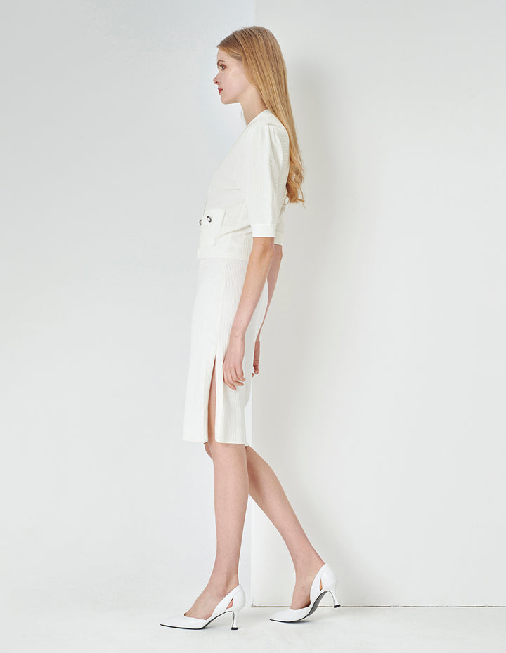 MARYLING Off-White V-Neck Pearl Button Short-Sleeved Knitted Cardigan