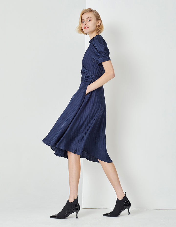 MARYLING Midnight Blue V-Neck Umbrella Hem Striped Dress