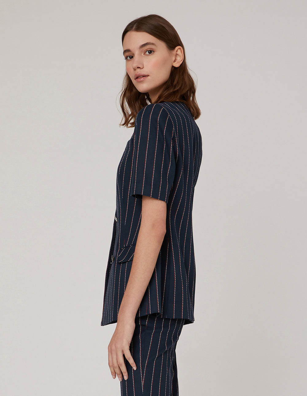 MARYLING Blue Striped Double Breasted Short Sleeve Jacket