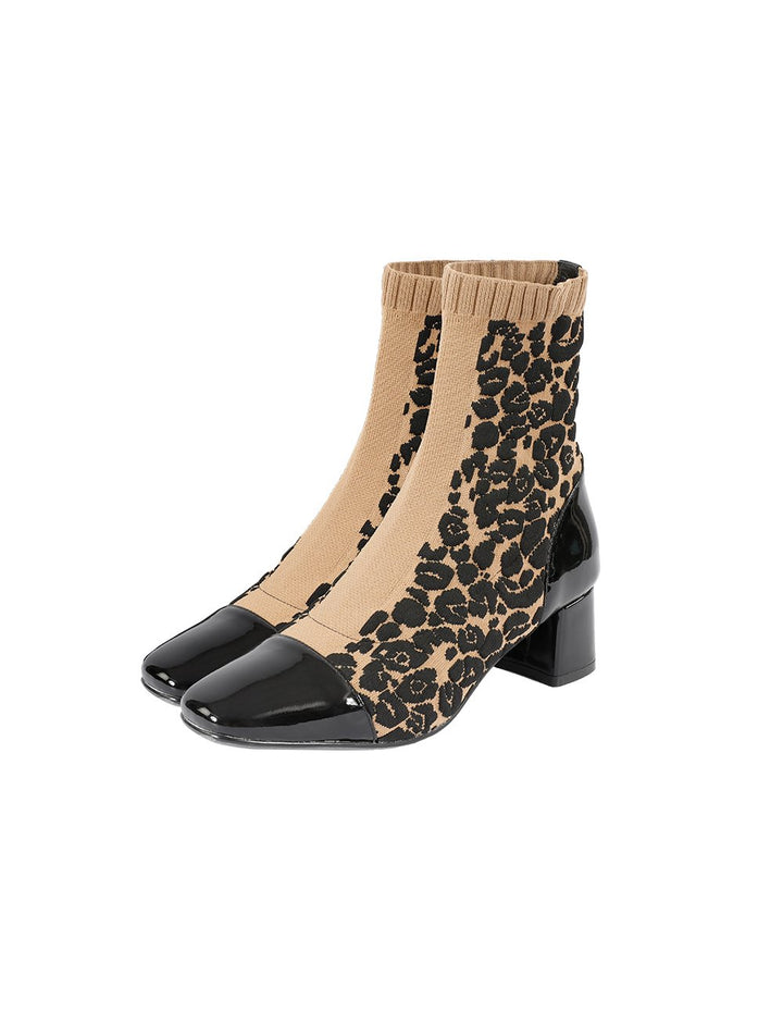 MARYLING Elastic Knit Square Toe Block Heel Ankle Boots