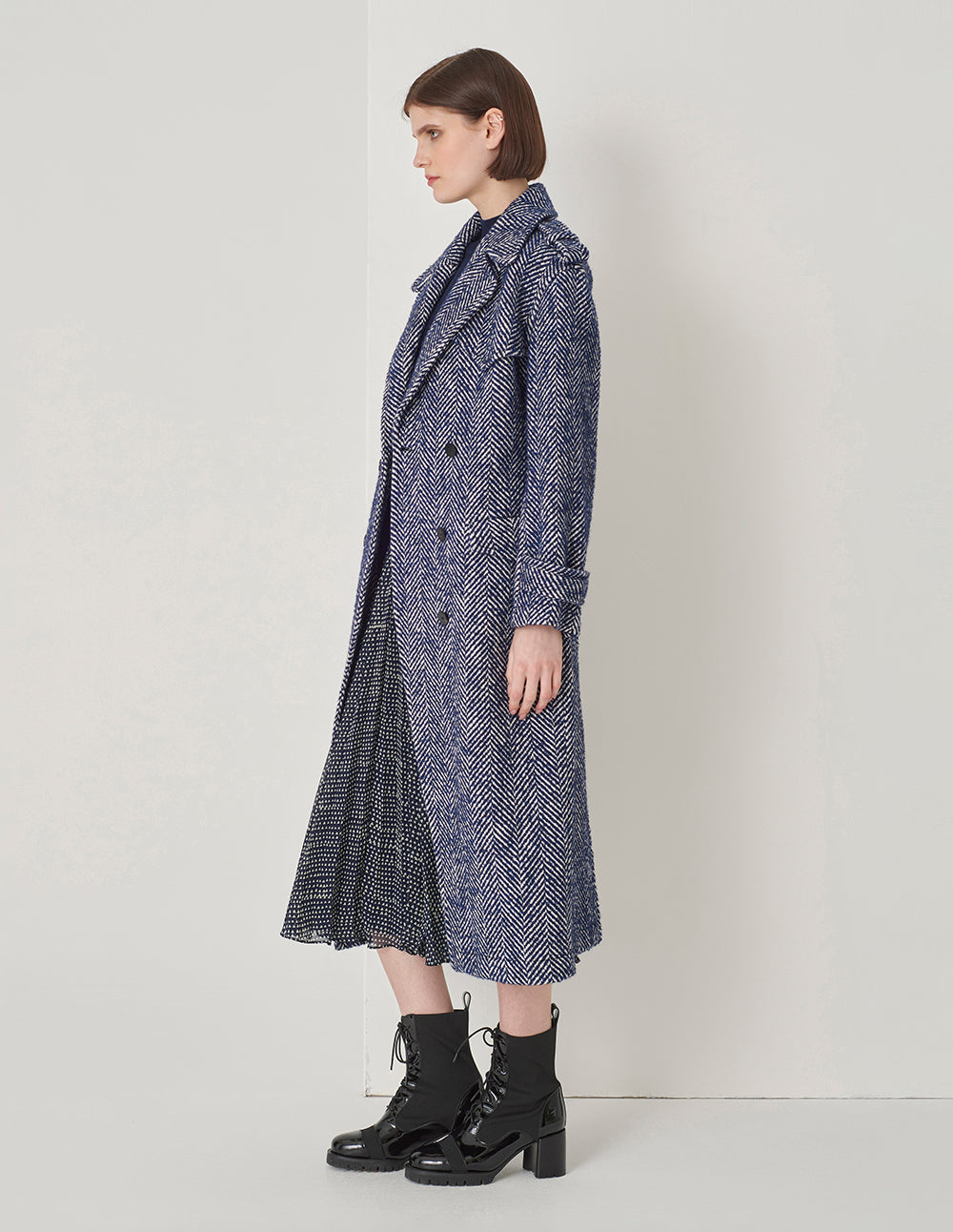 MARYLING Blue And White Patterned Lapel Double-Breasted Coat