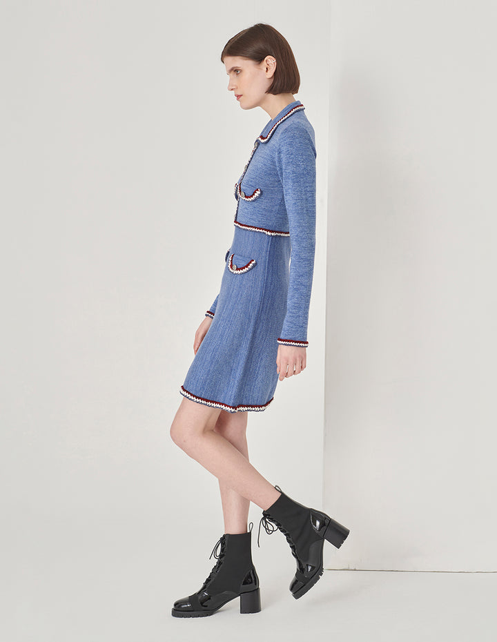 MARYLING Colourful Striped-Trim Long-Sleeve A-Line Knitted Shirt Dress