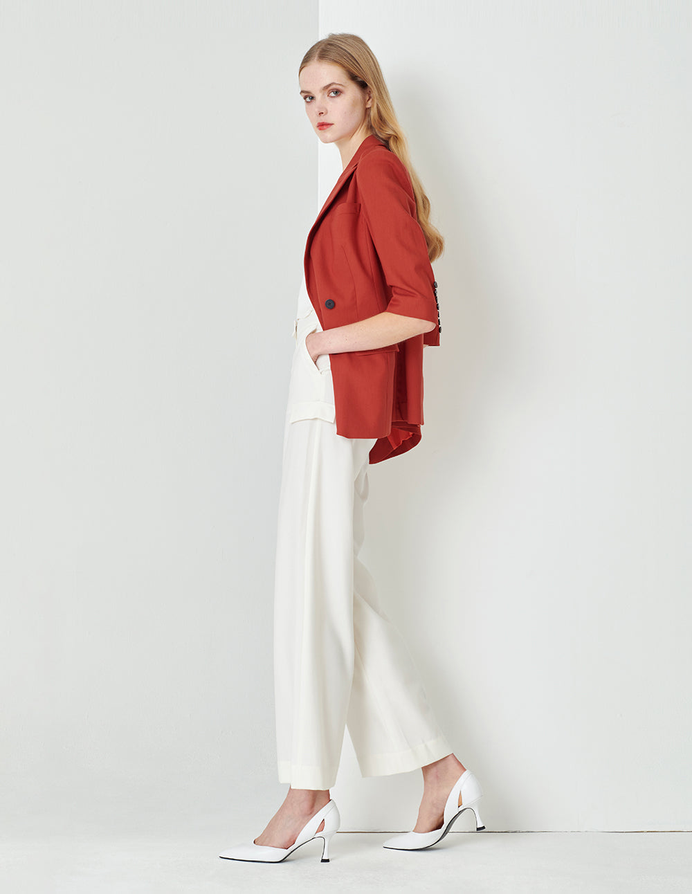 MARYLING Orange Double Breasted Blazer With V-Slit Hem