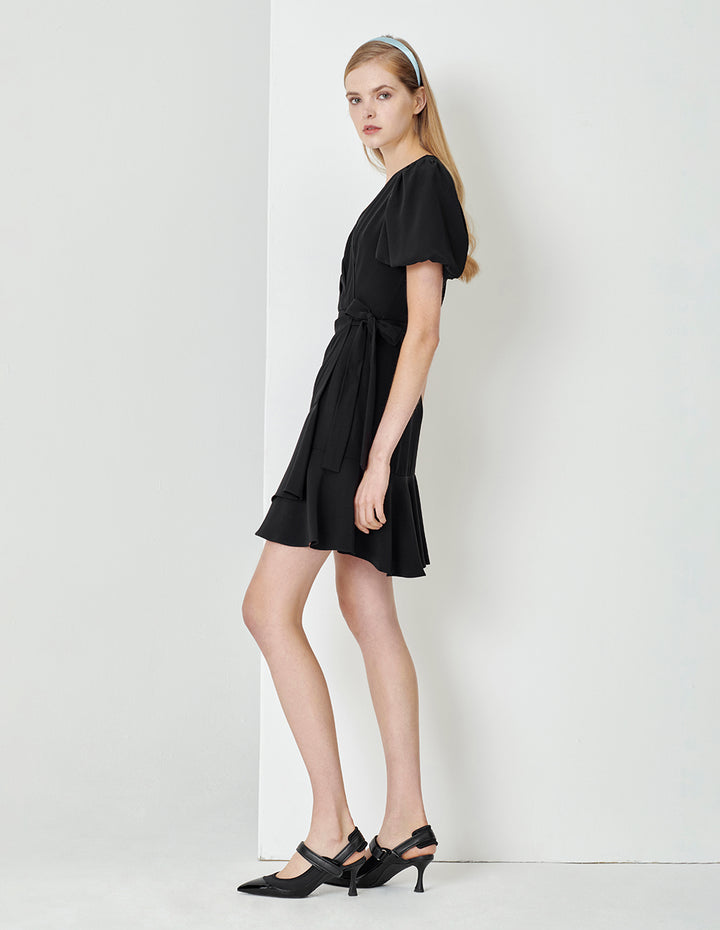 MARYLING Black V Neck One Piece Ruffle Dress