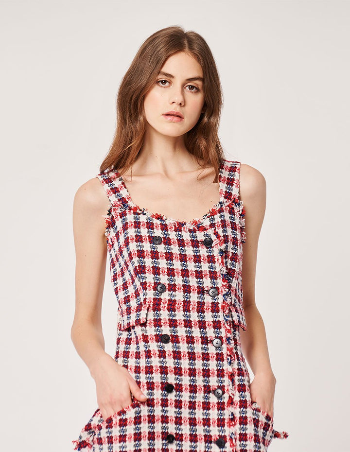 MARYLING Tweed Double Breasted Sleeveless Suspender Mini Dress