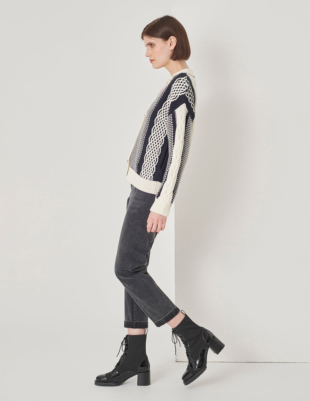 MARYLING Black And White Contrasting Design Knitted Cardigan