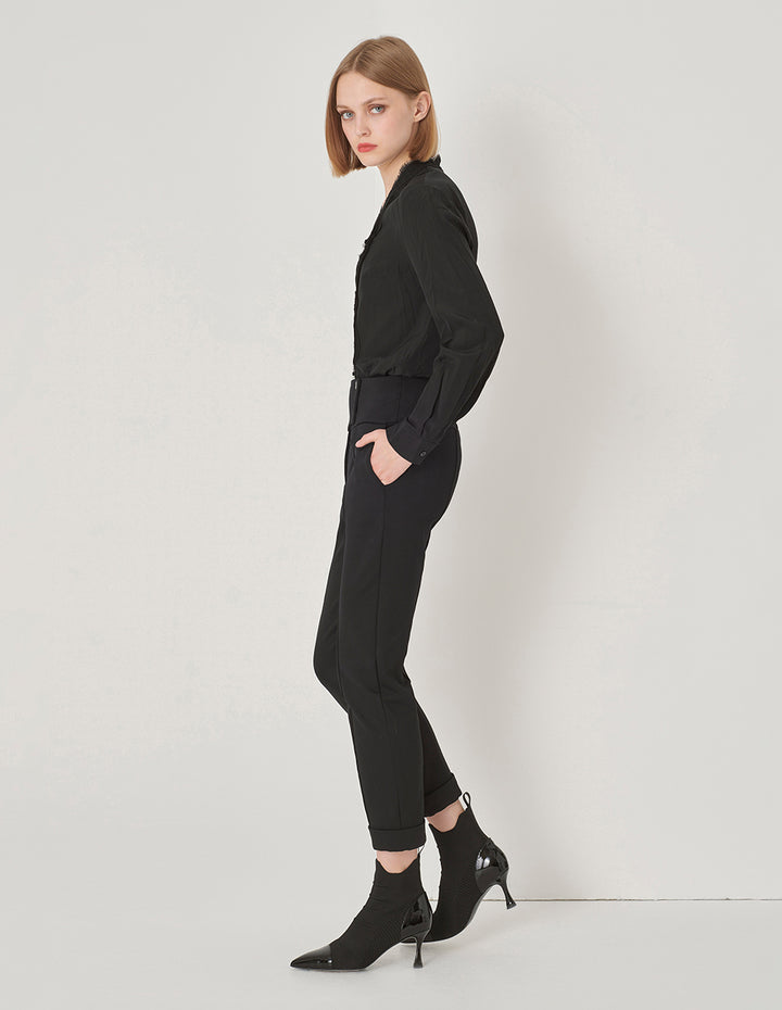 MARYLING Black Wide-Waisted Decorative Slim Fit Stretch Pants