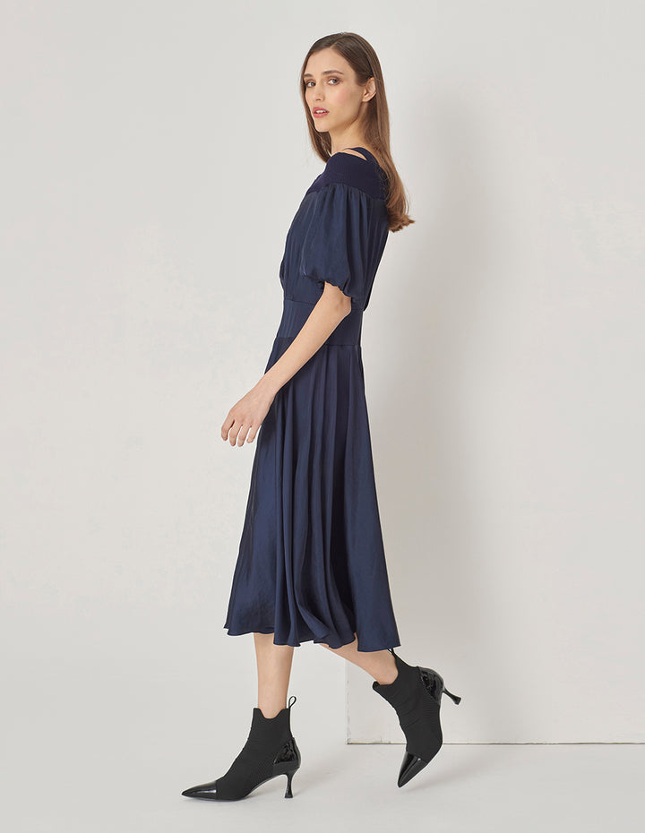 MARYLING Dark Blue Metallic Zipper Off-Shoulder Puff Sleeve Dress
