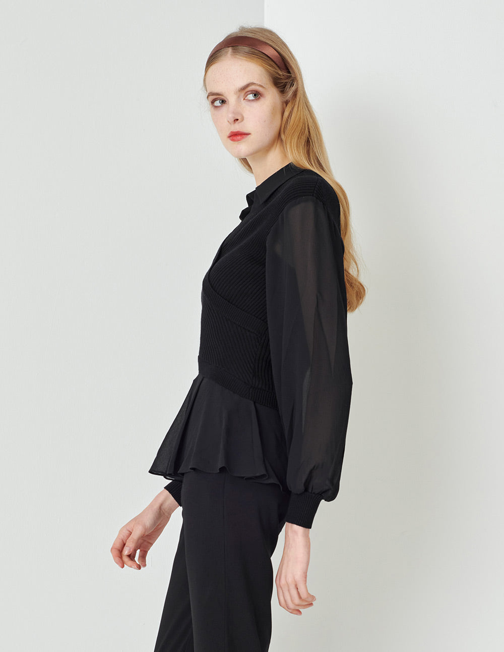 MARYLING  Classic Black Shirt Collar A Line Knitted Top
