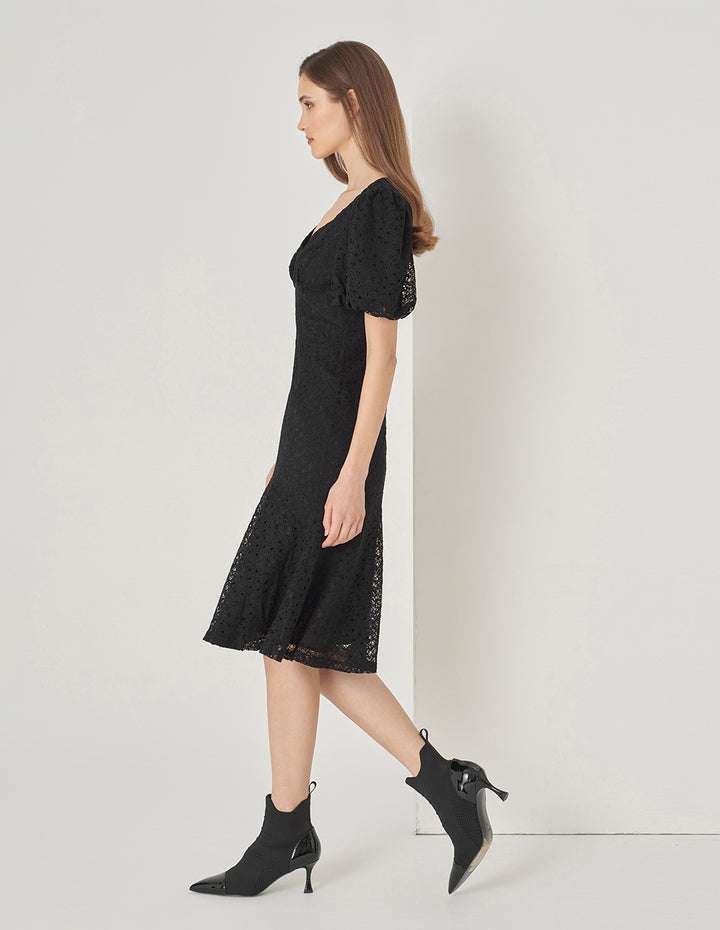 MARYLING Black Puff Sleeve Fishtail Lace Dress