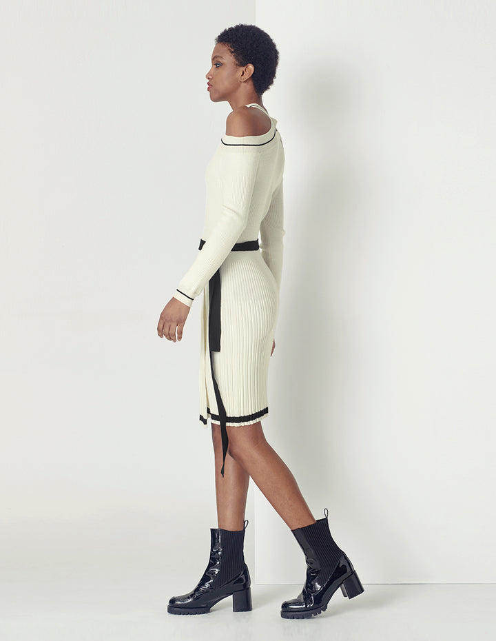 MARYLING Off shoulder black white knit dress