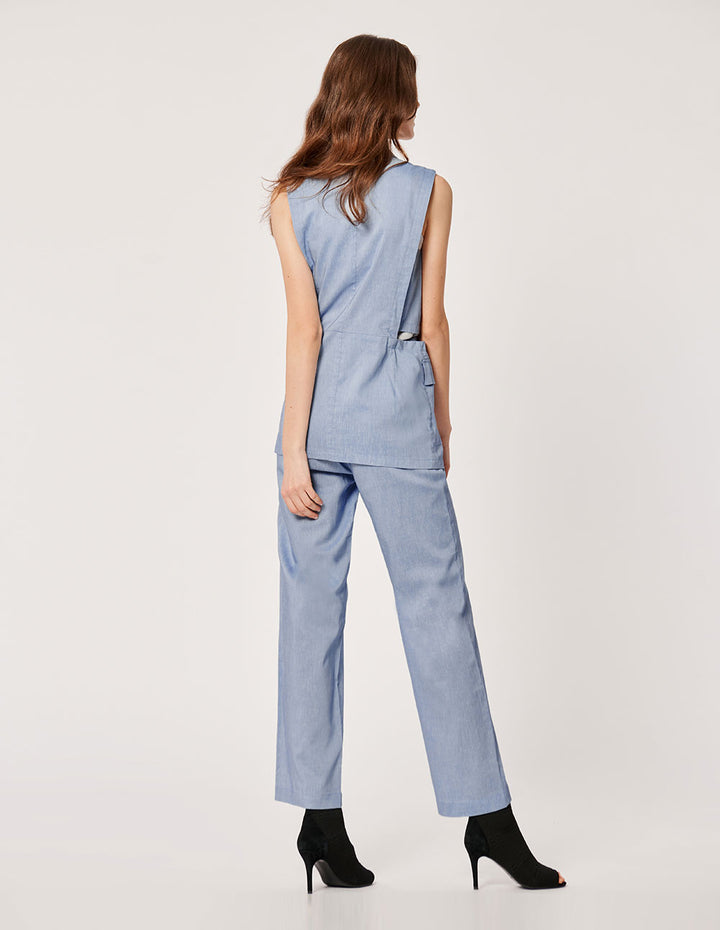 MARYLING SKY BLUE LINEN BLENDED SLEEVELESS JACKET