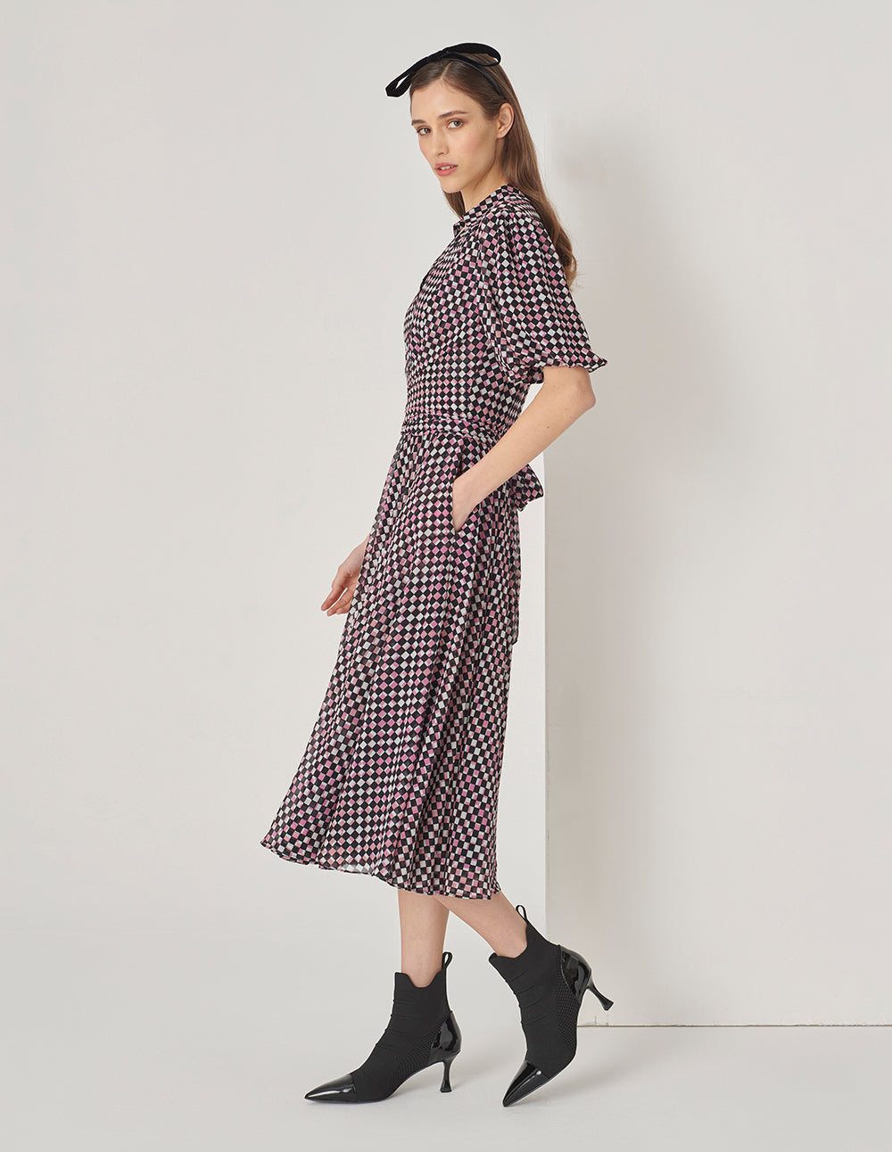 MARYLING Red Berry Plaid Shirt Collar Cross Tie Puff Sleeve Dress