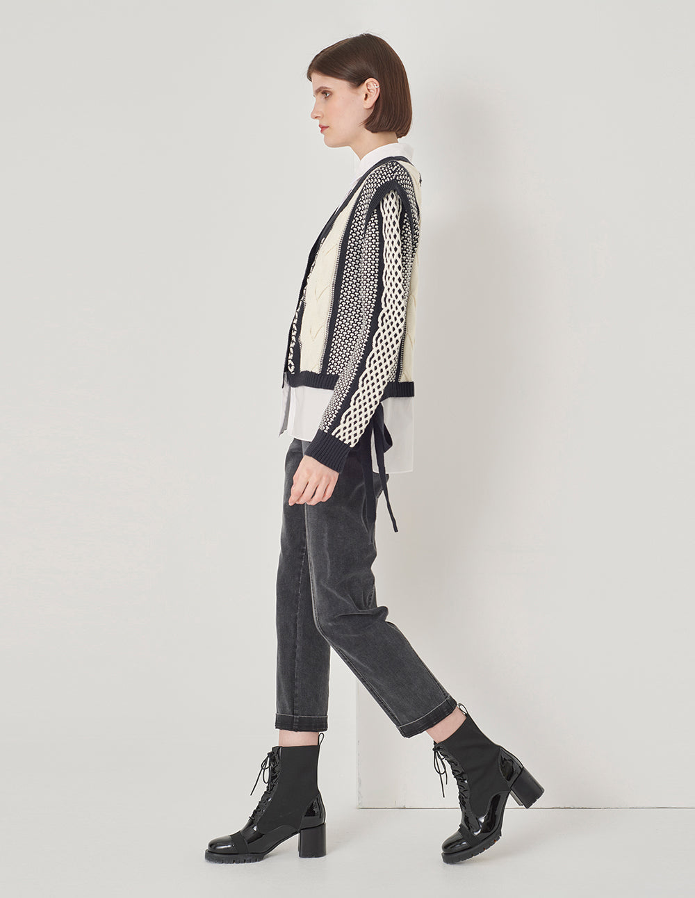 MARYLING Shirt Collar Black And White Knit Woven Cardigan