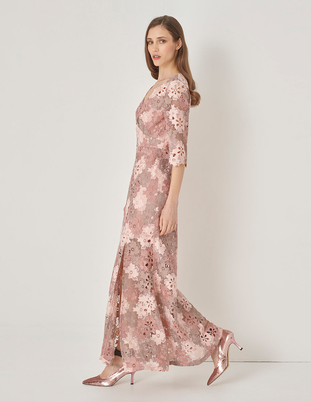 MARYLING Pink V-Neck Fishtail Slit Lace Dress