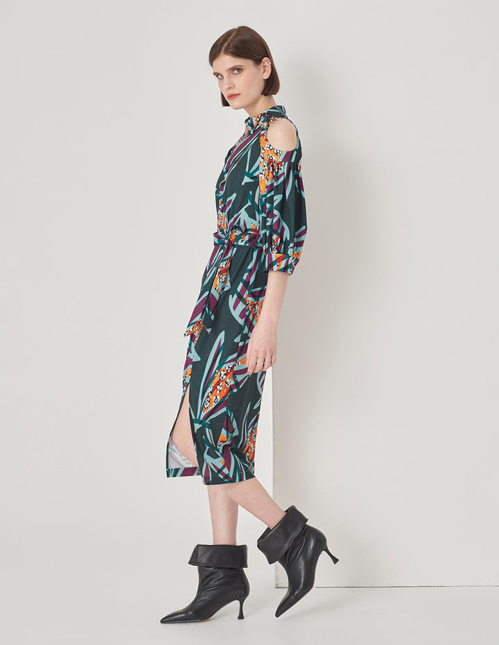 MARYLING Asymmetric Collar Cover Hip Straight Print Dress