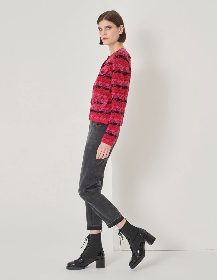 MARYLING Raspberry Plaid Knitted Cardigan