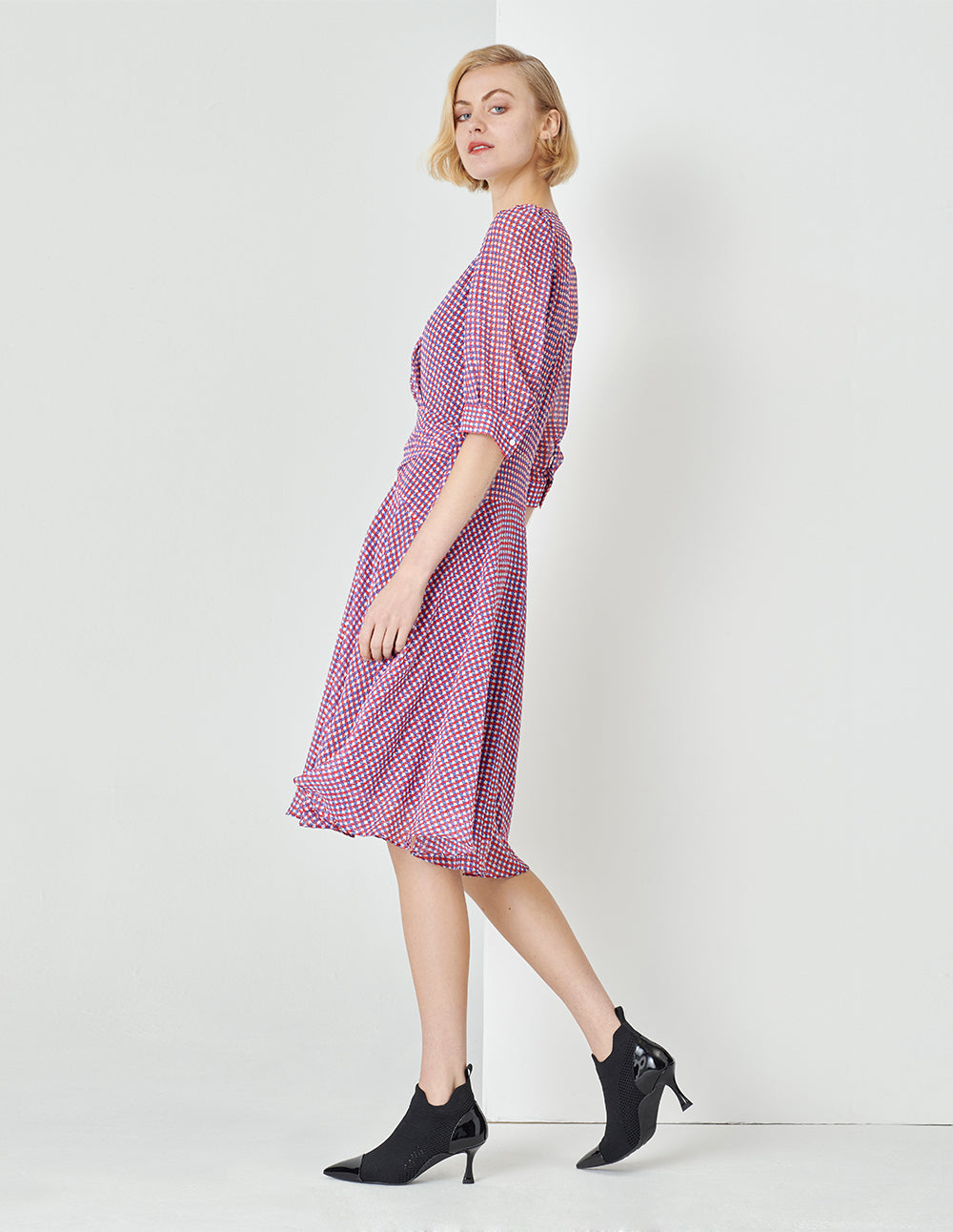 MARYLING Houndstooth Georgette Print Puff Sleeve Dress