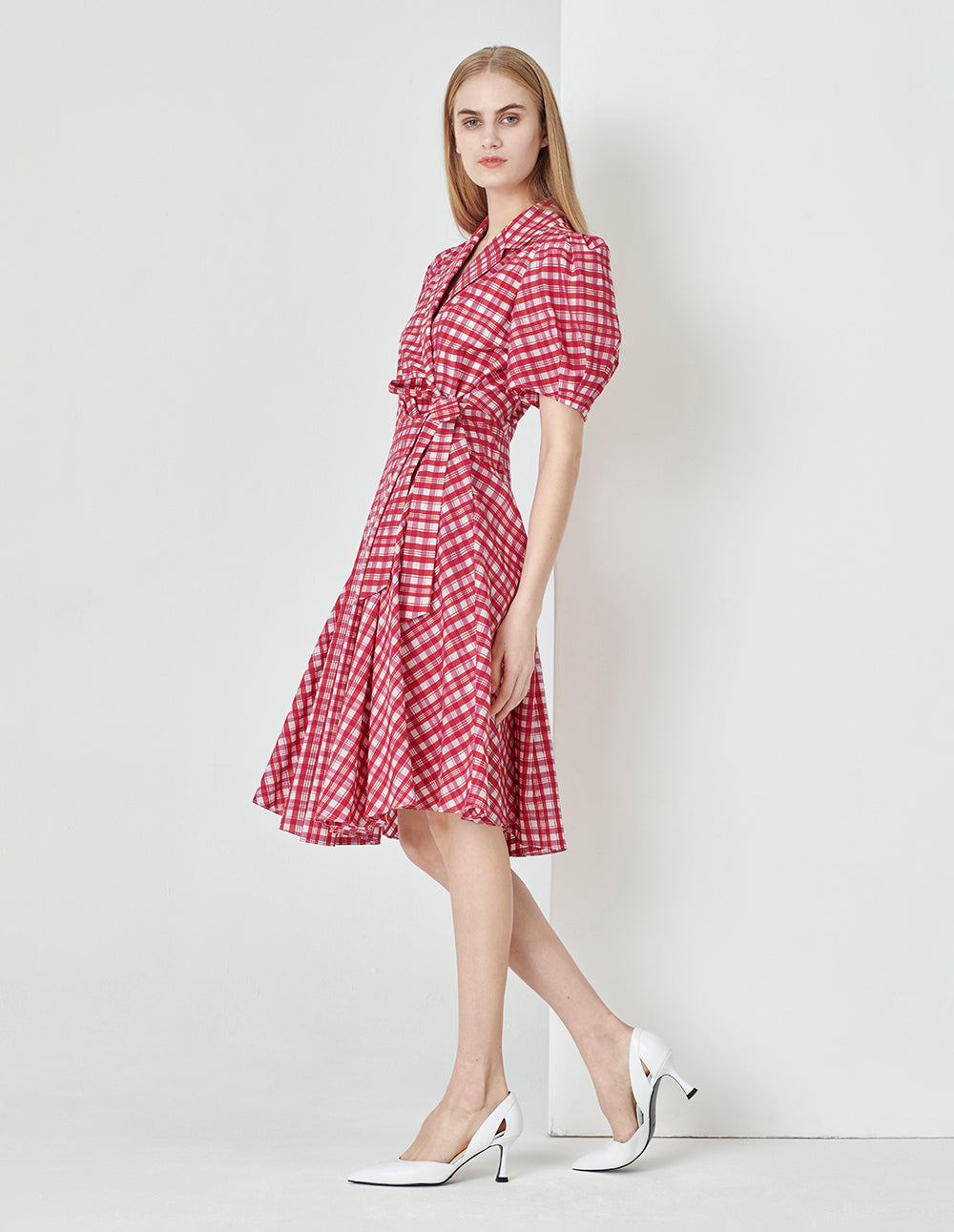 MARYLING Rose pink plaid suit collar puff sleeves plaid dress