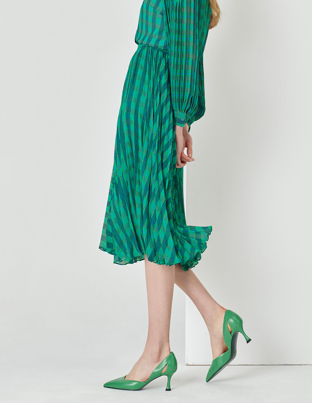 MARYLING  Blue And Green Square Print Houndstooth Pleated Skirt