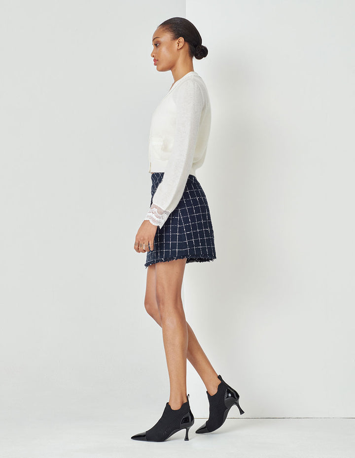 MARYLING A-Shape Plaid Mini Skirt In Tweed With Two Side Pockets Tassel