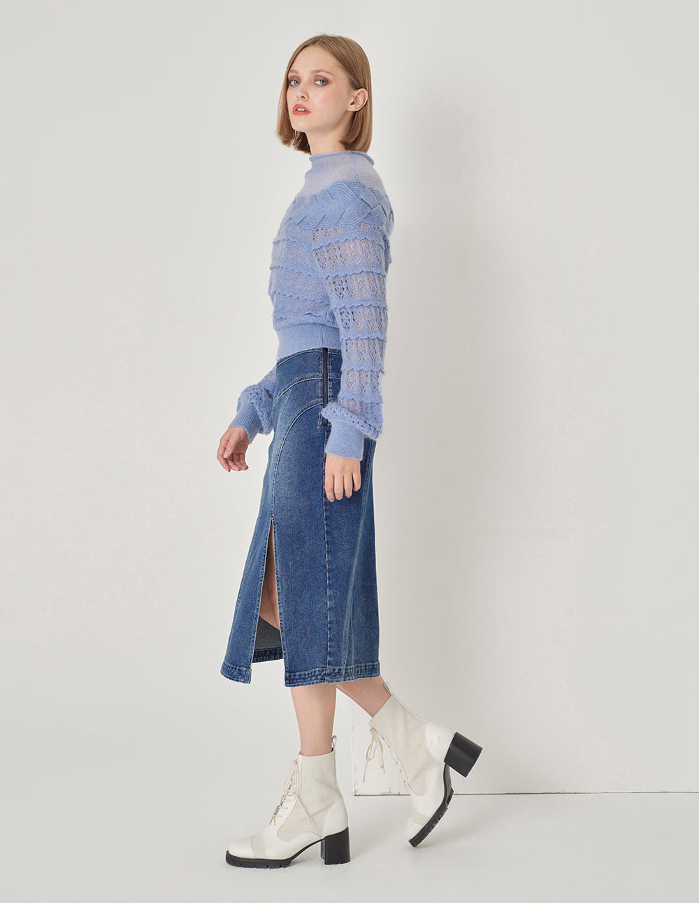 MARYLING Colour Blocking Long Sleeve A Line Knitted Skirt
