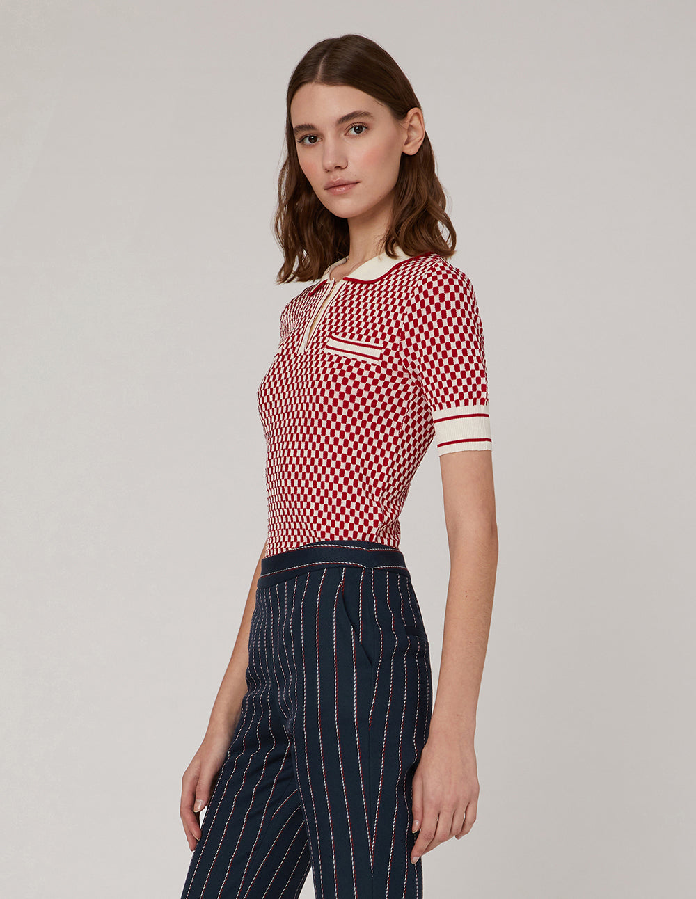 MARYLING Classic red white check small lapels double pocket