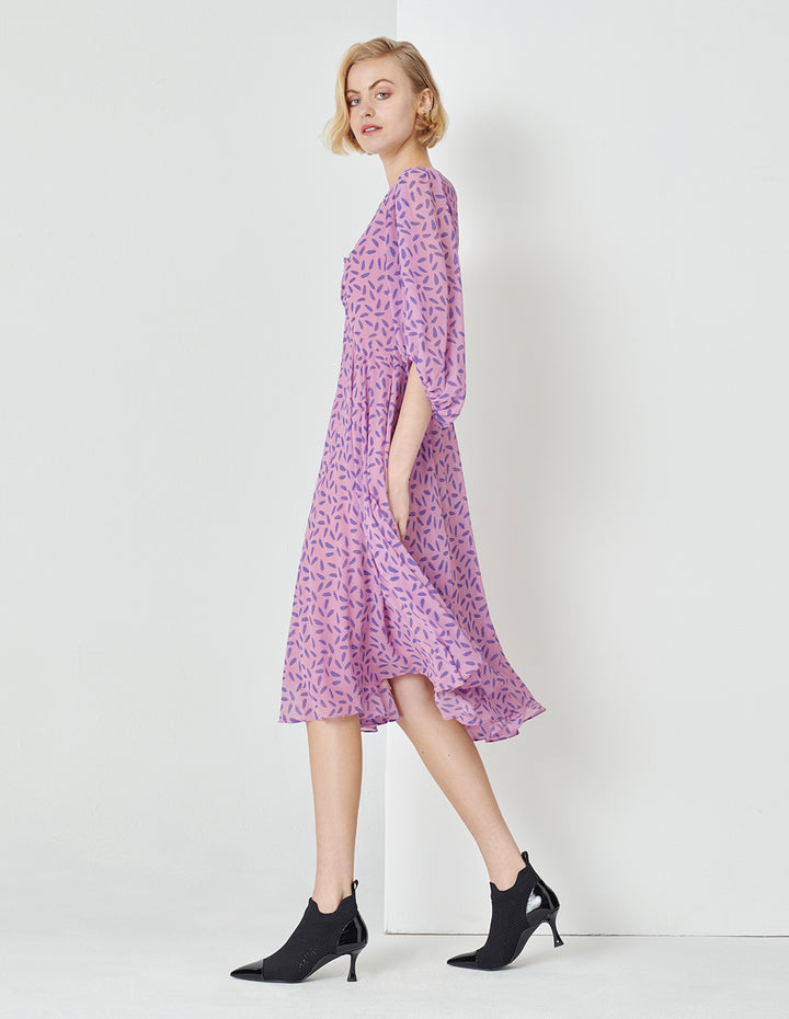 MARYLING Fantasy Pink Jungle Puff Sleeve V-Neck Dress