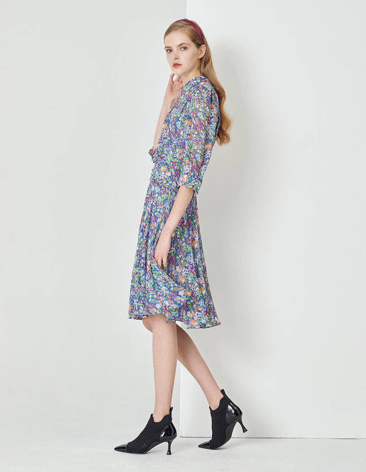 MARYLING Colour Shirt Collar Waist Pleated Puff Sleeve Dress