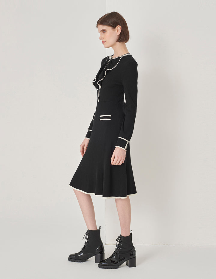 MARYLING Black And White Contrast Trim Long-Sleeved Knitted Dress