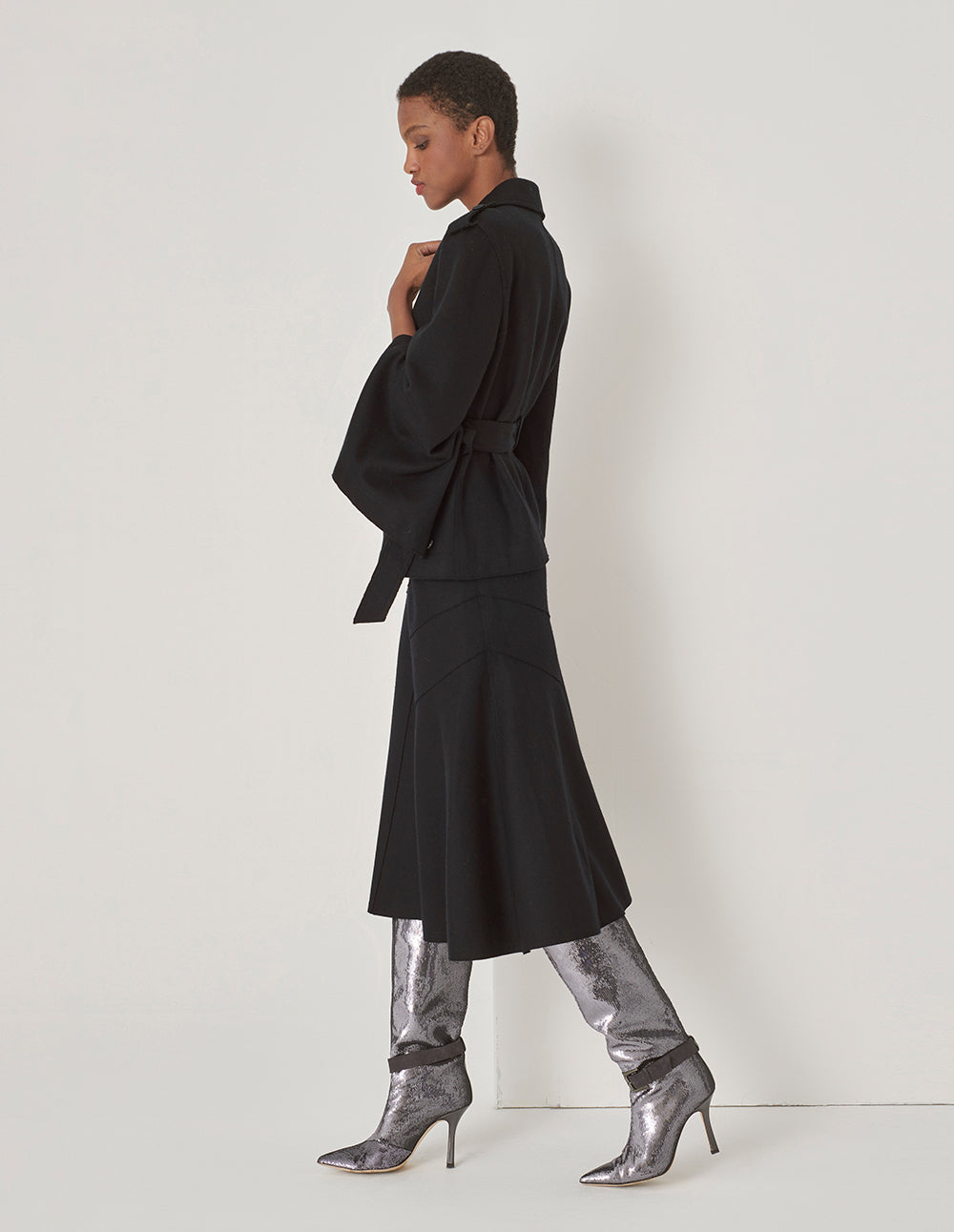 MARYLING Black Button-Sleeve Detail Belted Jacket