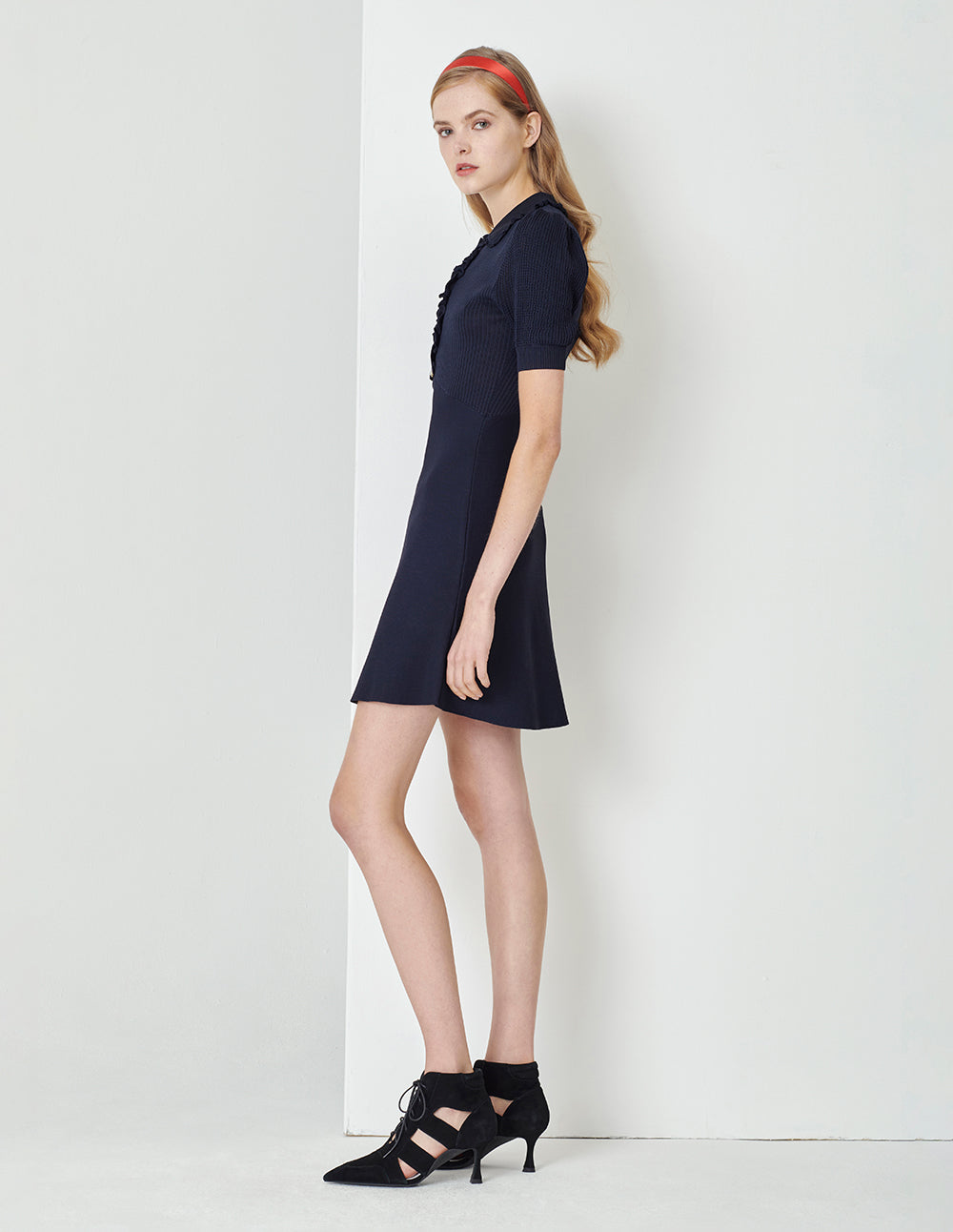 MARYLING Midnight Blue Shirt Collar Knitted Dress