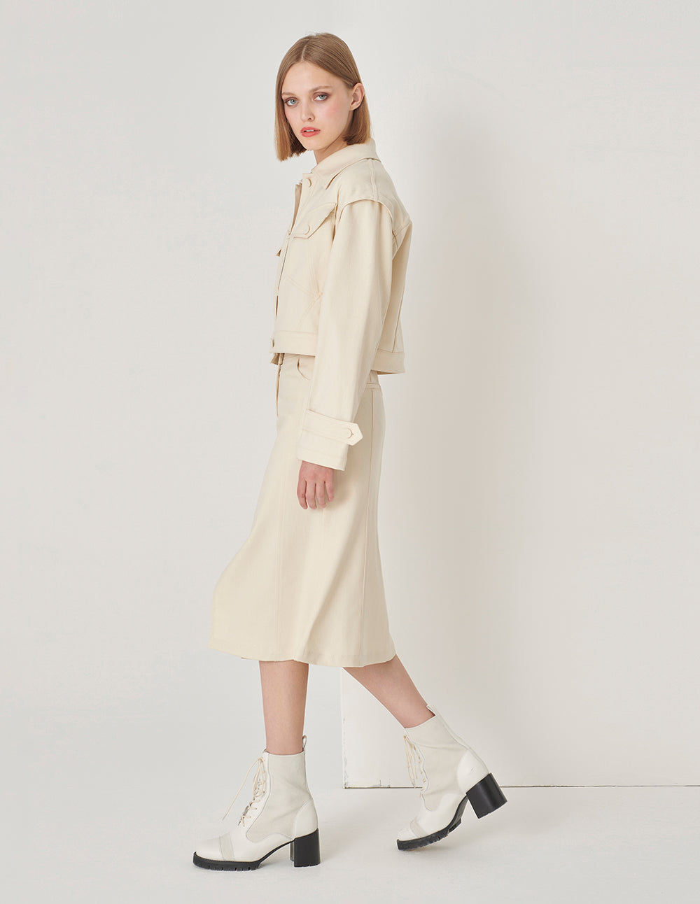 MARYLING White Slanted Pocket Cropped Jacket