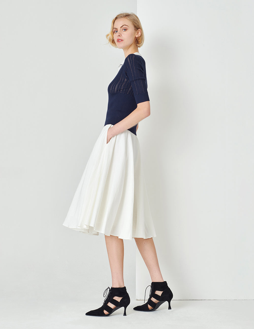 MARYLING Midnight Blue Polo Shirt Collar Colour block Knit Sweatshirt