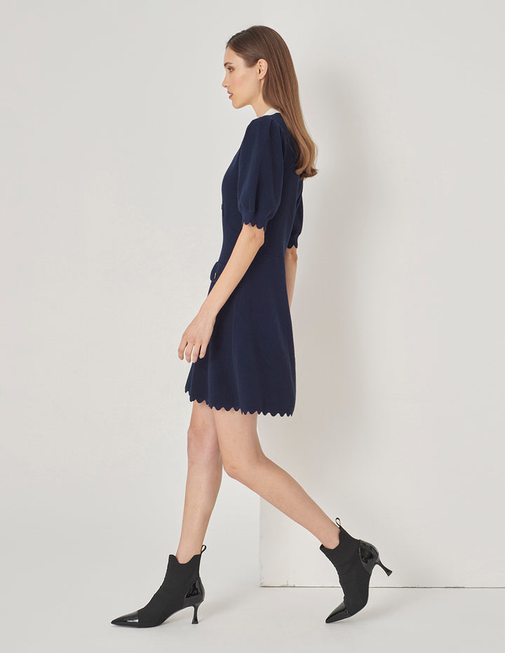 MARYLING Blue And White Paneled Wavy Trim Wool Dress