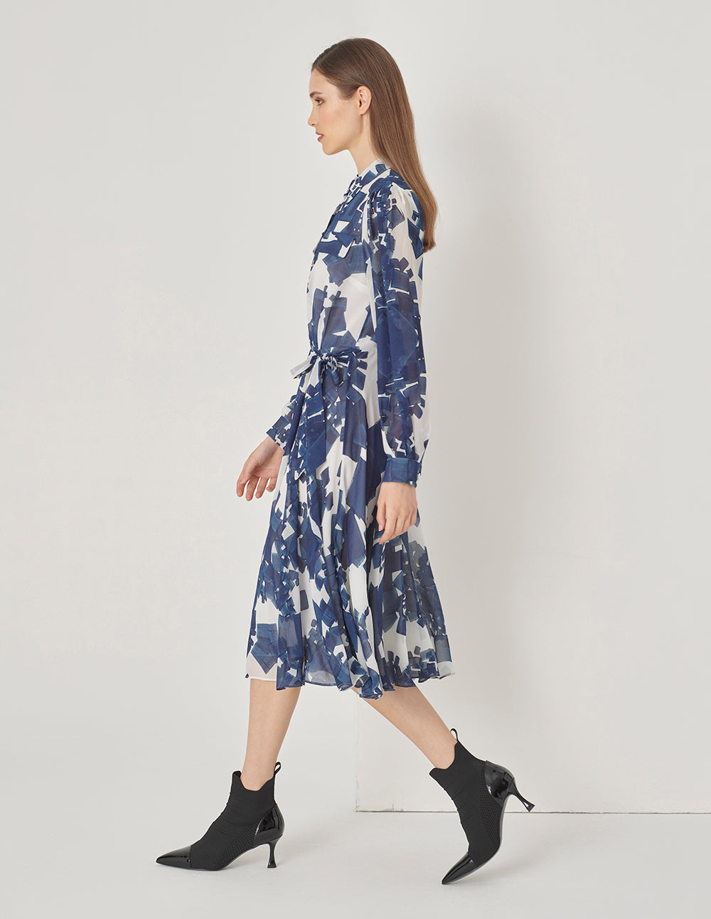 MARYLING Blue And White Grit Collar Blue Plaid Georgette Dress