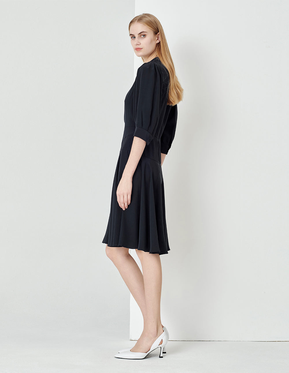 MARYLING Midnight Blue Pleated Mid-Sleeve Dress