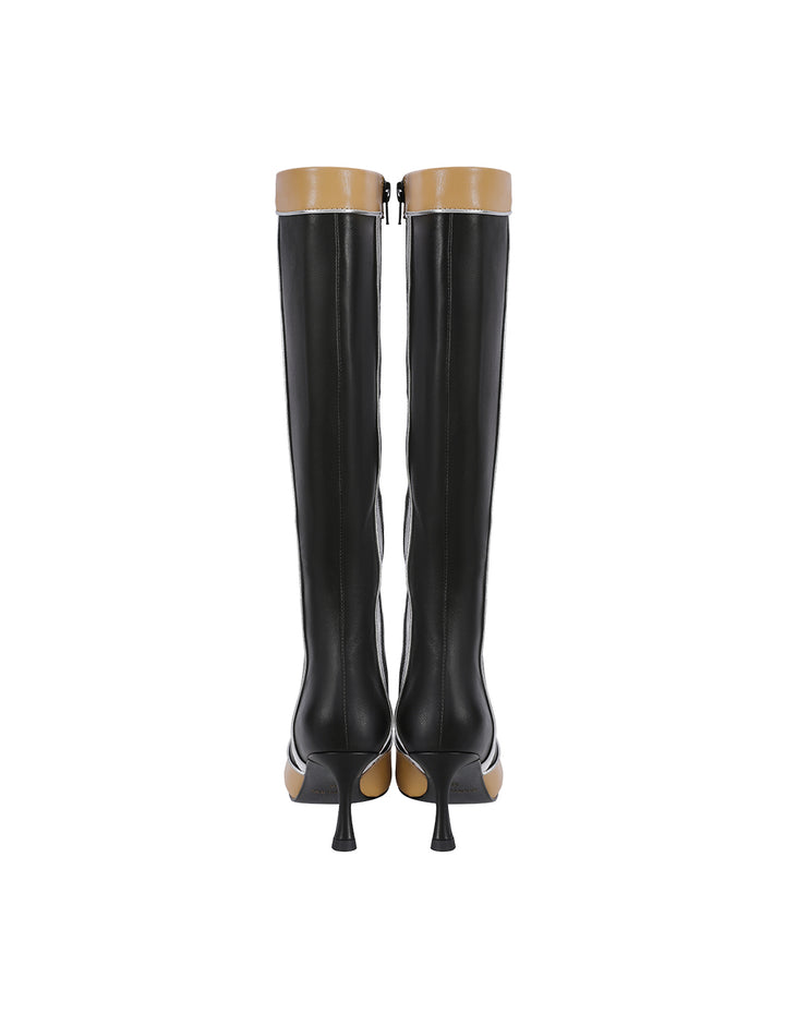MARYLING Black And Beige Colour Matching Pointed Toe Stiletto Heeled Sheepskin Boots