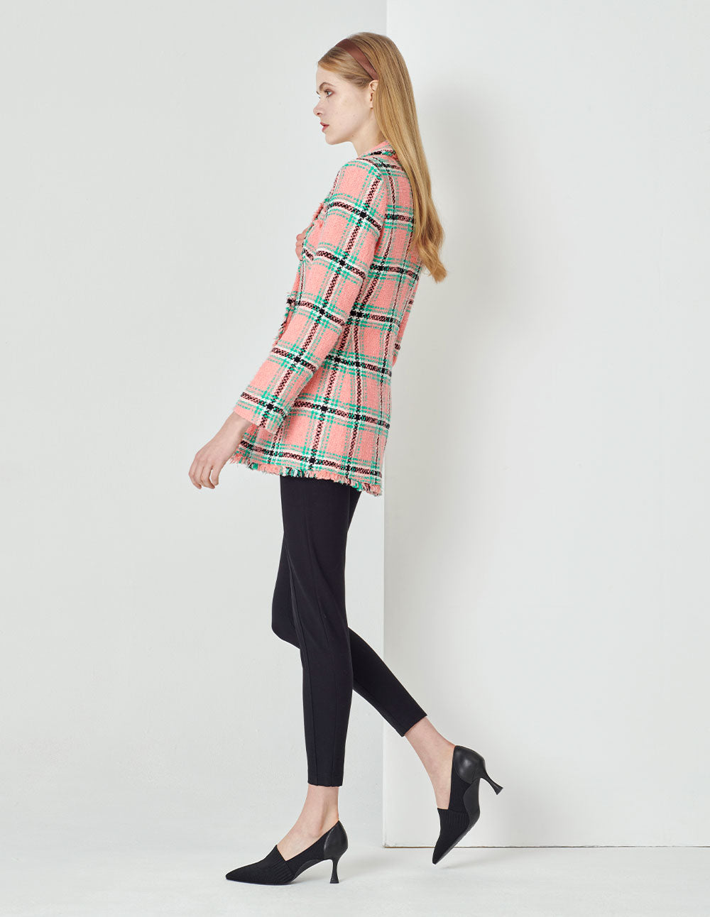 MARYLING Lapel Collar Pink And Green Plaid Double-Breasted Retro Blazer