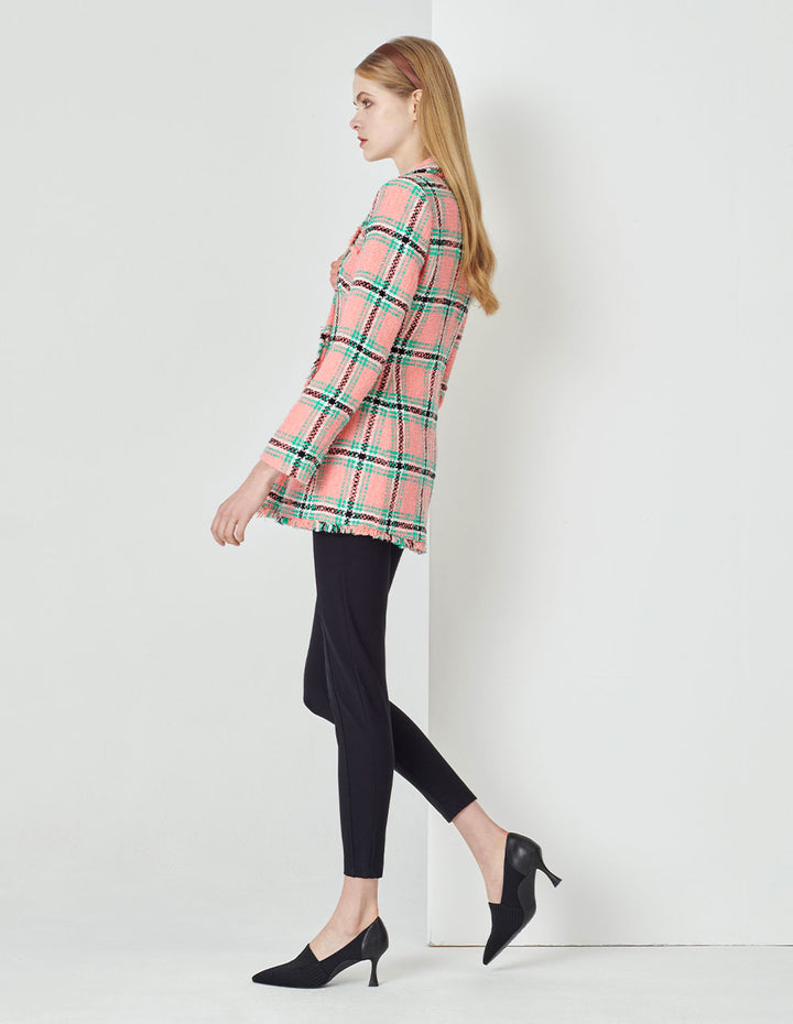 MARYLING Lapel Collar Pink And Green Plaid Double-Breasted Retro Blazer