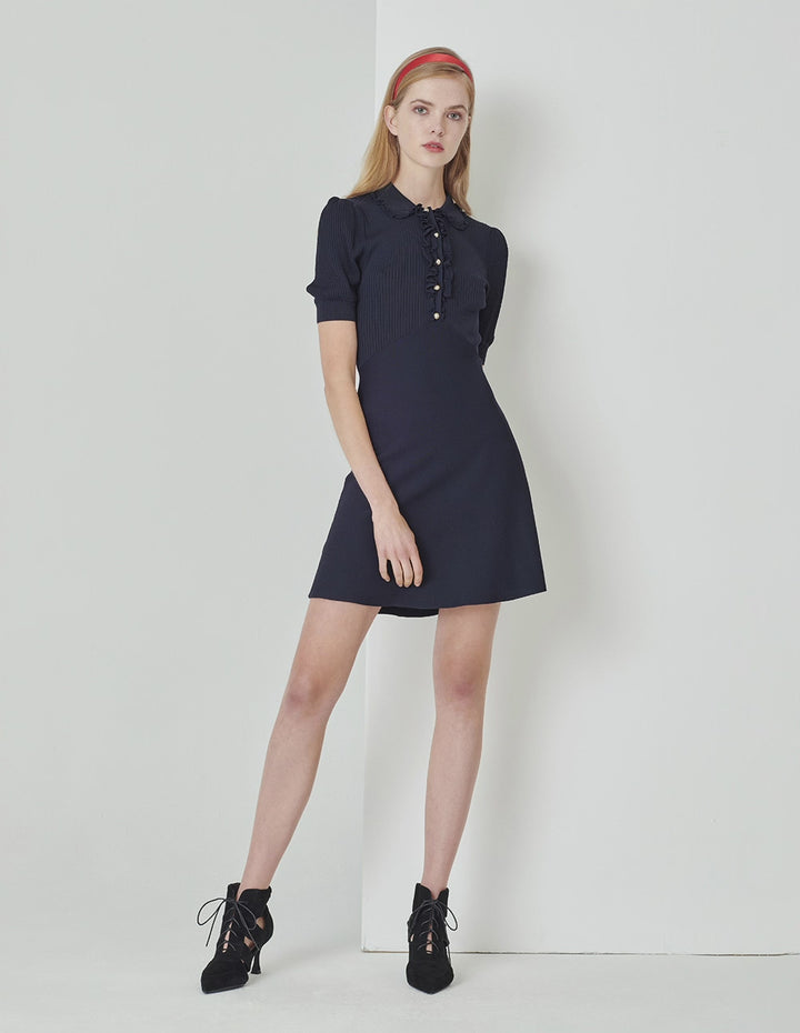 MARYLING Midnight Blue Shirt Collar Knitted Dress