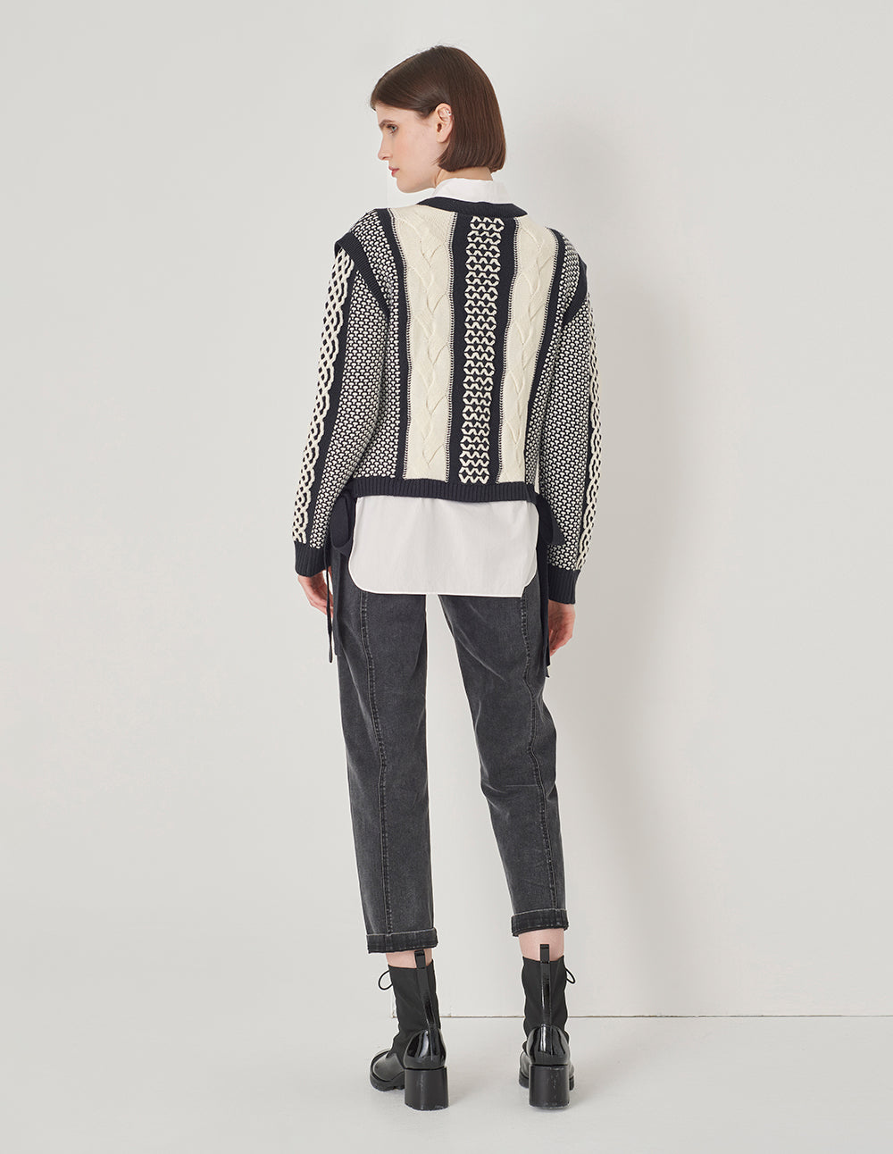 MARYLING Shirt Collar Black And White Knit Woven Cardigan