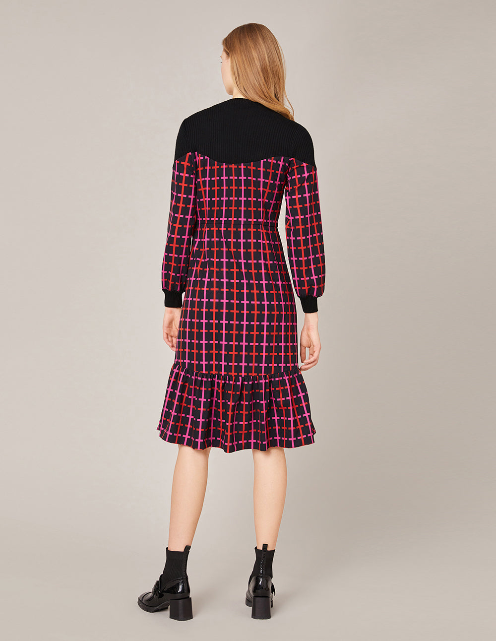 MARYLING Contrast Knit Spliced Checked Print Ruffle Dress