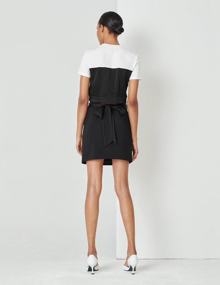 MARYLING Black And White Contrast Crossover Detail Panel Crewneck T-Shirt Top