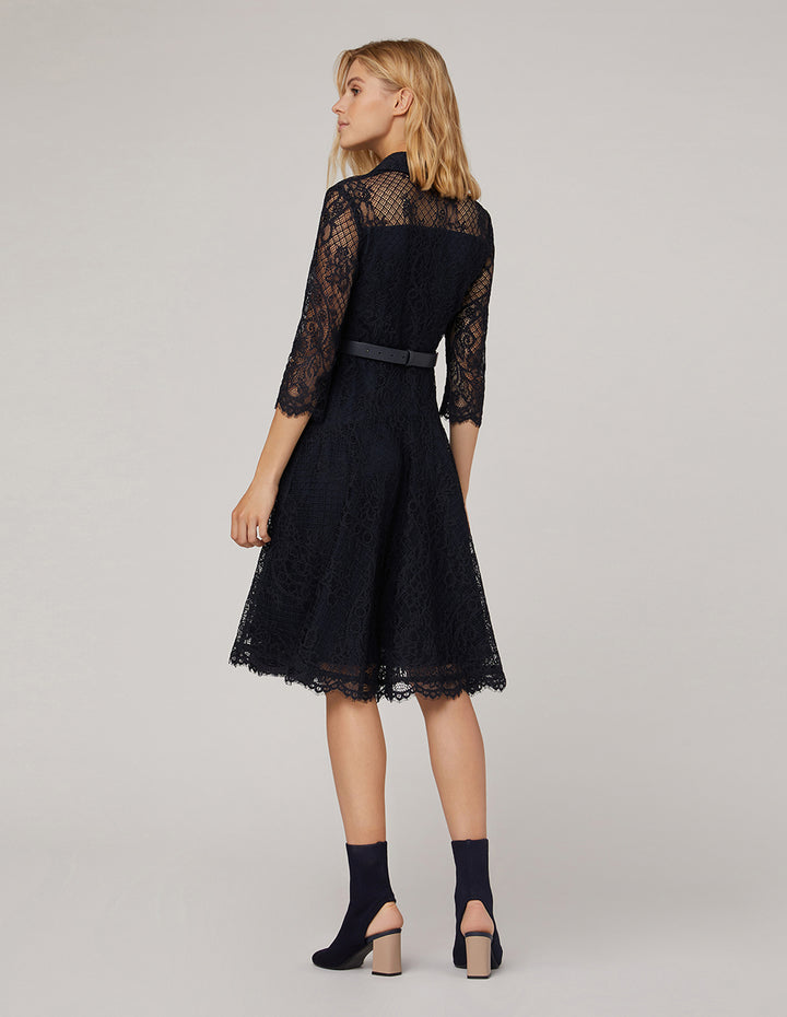 MARYLING Peak-Lapel Midi Lace Dress