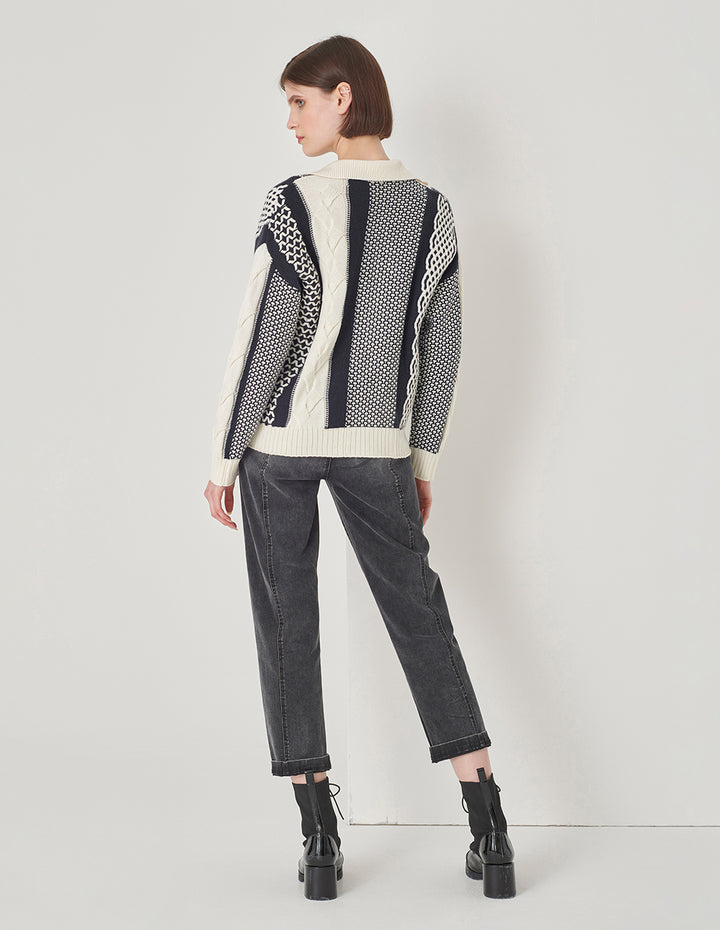 MARYLING Black And White Contrasting Design Knitted Cardigan