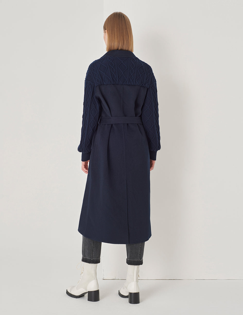 MARYLING Dark Blue Double-Sided Wool And Knitted Long Coat