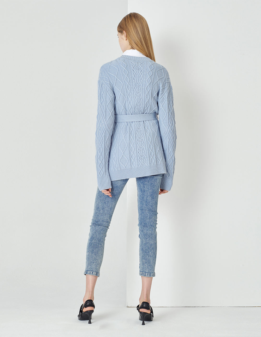 MARYLING Foggy Blue V-Neck Tied Waist Double Bag Knitted Cardigan